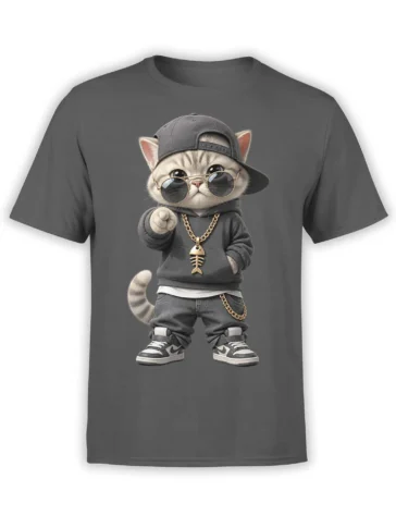 Gray cat T-shirt with a striped kitten wearing sunglasses, a backward cap, hoodie, and gold fishbone chain