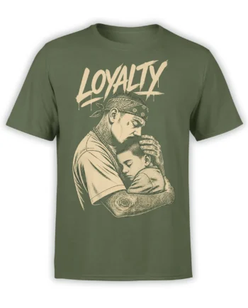 Olive green T-shirt with cream LOYALTY lettering and vintage adult embracing sleeping child design