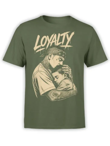 Olive green T-shirt with cream LOYALTY lettering and vintage adult embracing sleeping child design
