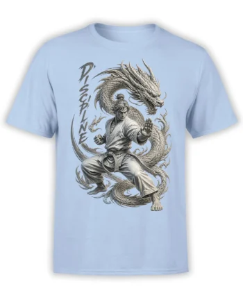 Light blue dragon warrior T-shirt featuring a martial artist, coiled dragon, and vertical discipline lettering
