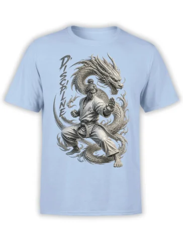 Light blue dragon warrior T-shirt featuring a martial artist, coiled dragon, and vertical discipline lettering