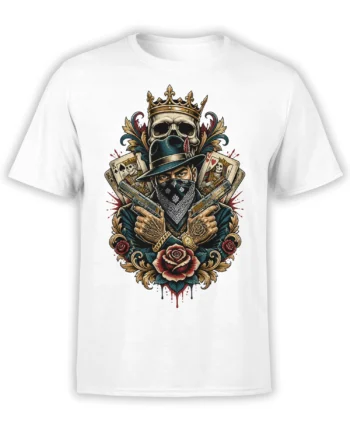 White T-shirt with a crowned masked outlaw, playing cards, guns, skull, and red roses