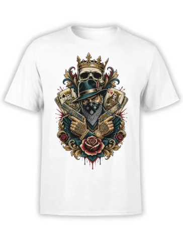 White T-shirt with a crowned masked outlaw, playing cards, guns, skull, and red roses