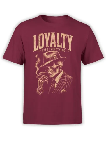 Vintage burgundy skull T-shirt with a suited skeleton, fedora, cigar, and Loyalty Over Everything text