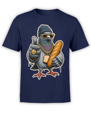 Stylish pigeon wearing sunglasses and a beanie while holding bread on a navy graphic T-shirt