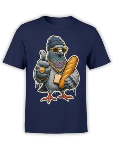 Stylish pigeon wearing sunglasses and a beanie while holding bread on a navy graphic T-shirt