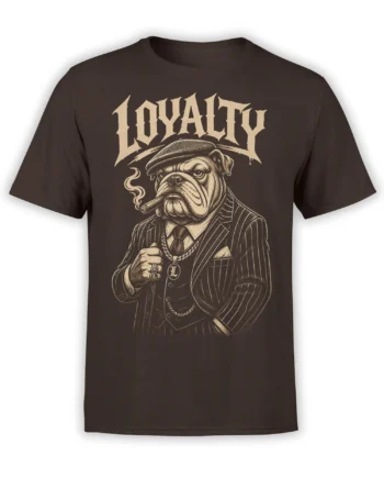 Vintage bulldog in a pinstripe suit and flat cap with a cigar on a brown graphic T-shirt