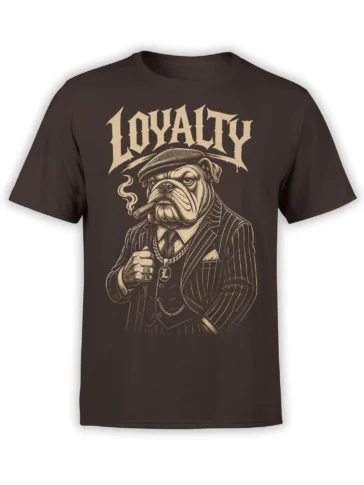 Vintage bulldog in a pinstripe suit and flat cap with a cigar on a brown graphic T-shirt