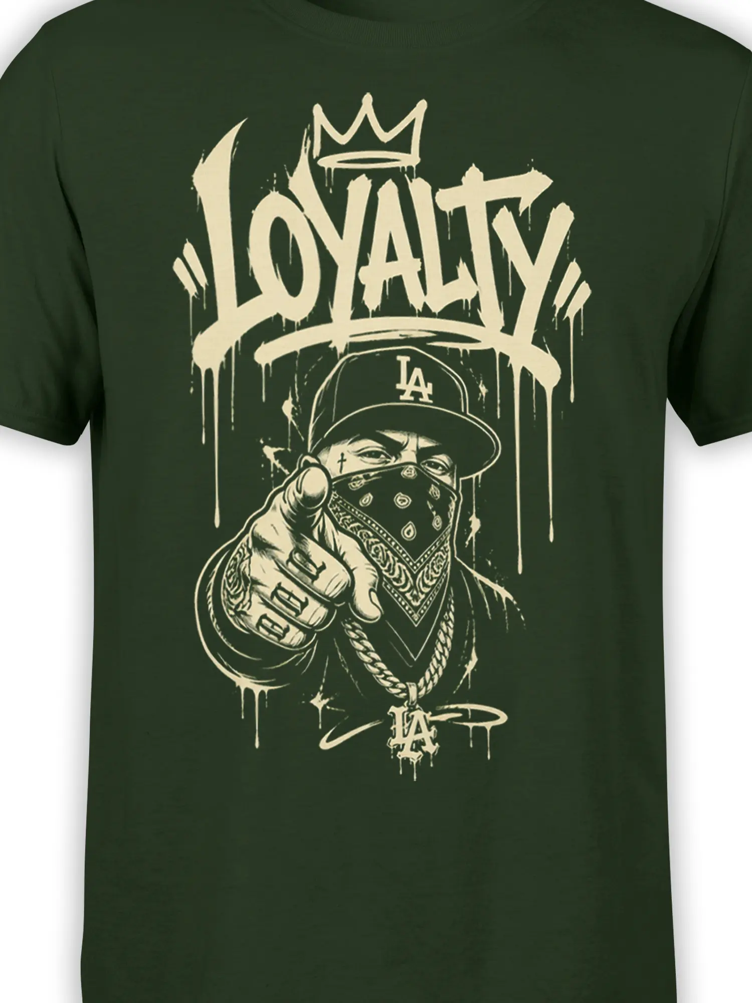 Close-up of crowned cream loyalty lettering and a masked streetwear figure on a dark green T-shirt