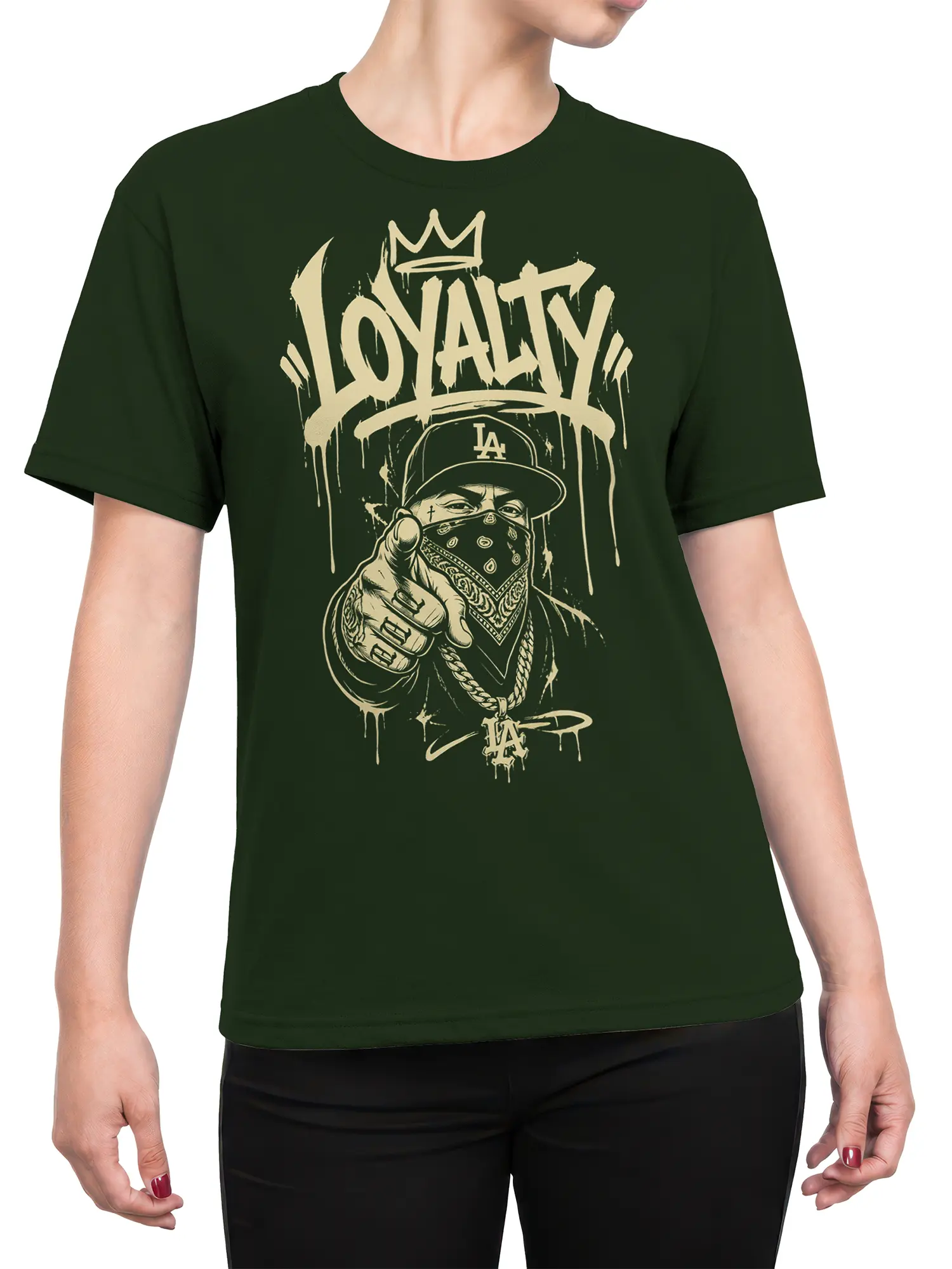 Female torso wearing a dark green T-shirt with crowned loyalty lettering and a masked streetwear figure