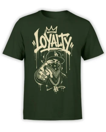Dark green streetwear T-shirt with cream crowned LOYALTY lettering and a masked figure pointing forward