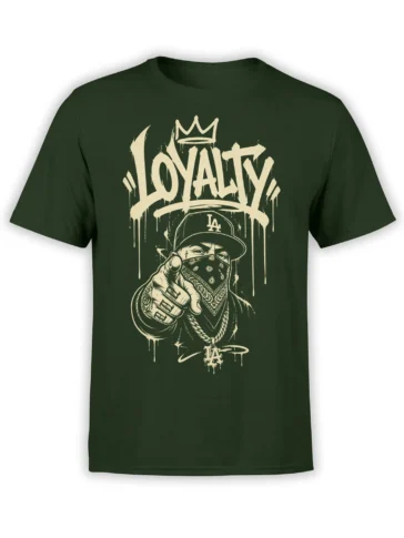 Dark green streetwear T-shirt with cream crowned LOYALTY lettering and a masked figure pointing forward