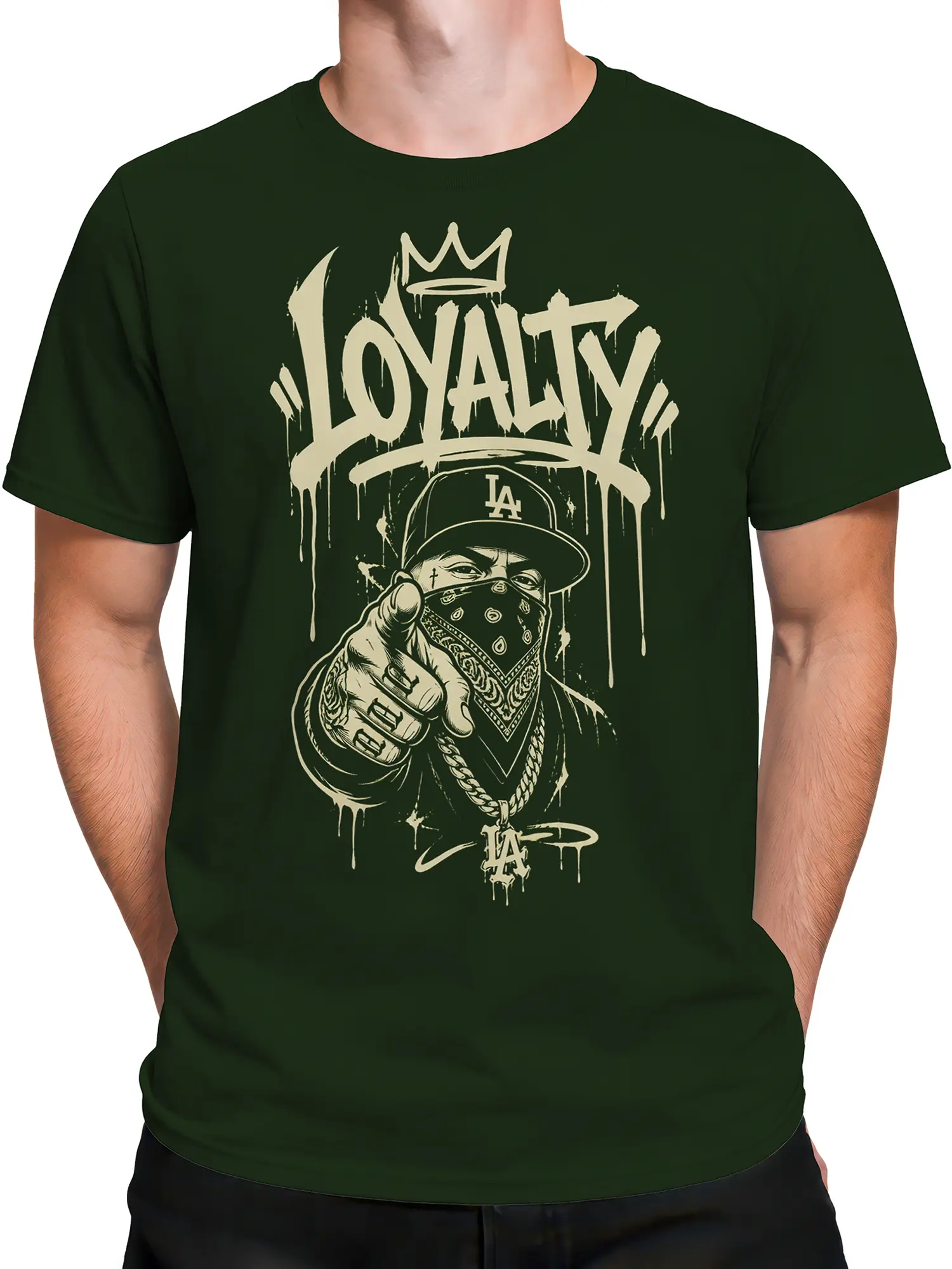 Male torso wearing a dark green T-shirt with cream crowned loyalty lettering and masked figure