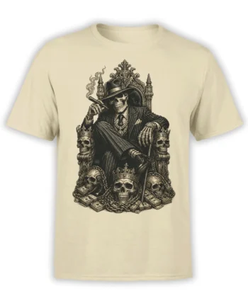 Beige T-shirt with a vintage skeleton boss seated on a throne, holding a cigar above stacks of cash