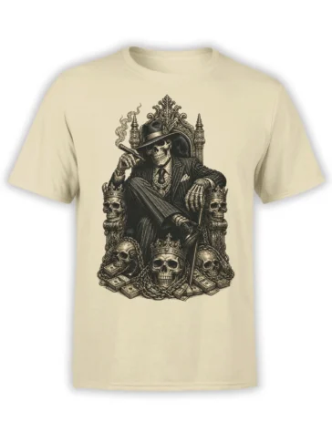 Beige T-shirt with a vintage skeleton boss seated on a throne, holding a cigar above stacks of cash