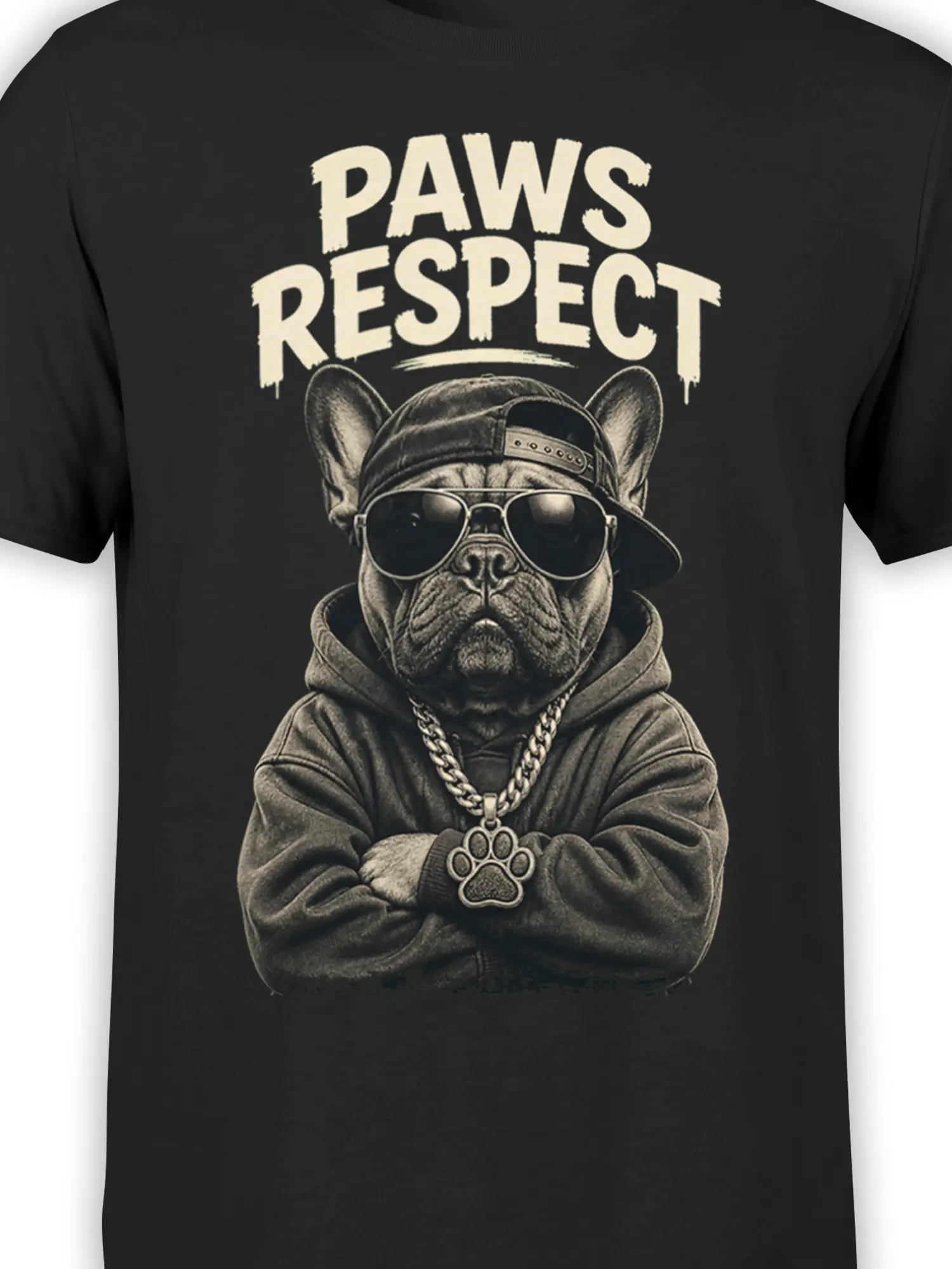 Close-up of French bulldog graphic with sunglasses, cap, chain, paw pendant, and PAWS RESPECT text