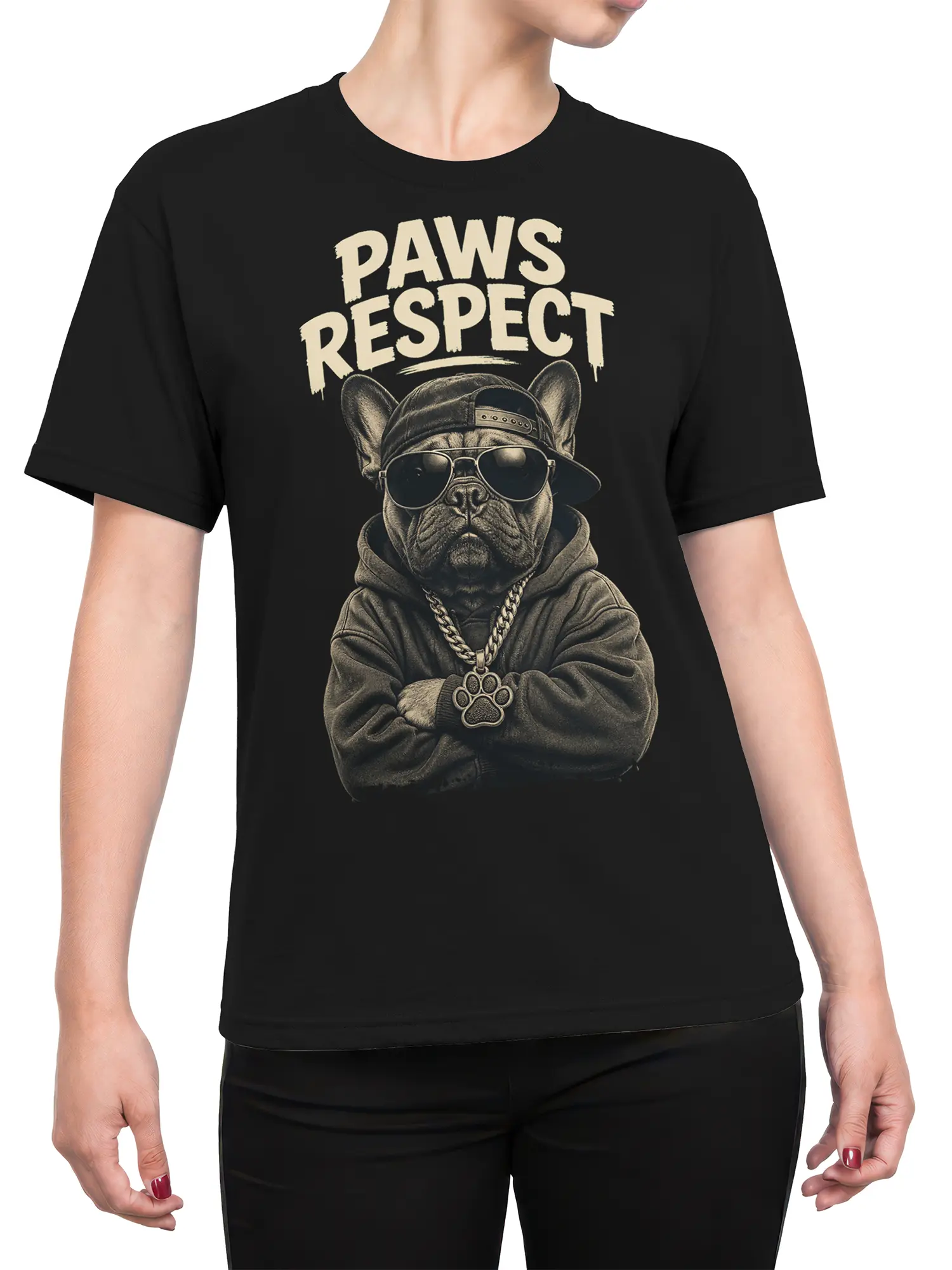 Female torso wearing a black French bulldog T-shirt with PAWS RESPECT streetwear artwork