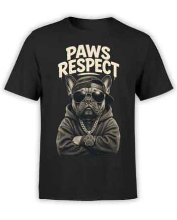 Black French bulldog T-shirt with sunglasses, cap, chain, paw pendant, and PAWS RESPECT lettering