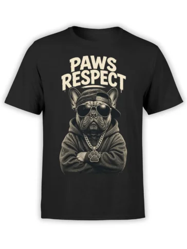 Black French bulldog T-shirt with sunglasses, cap, chain, paw pendant, and PAWS RESPECT lettering