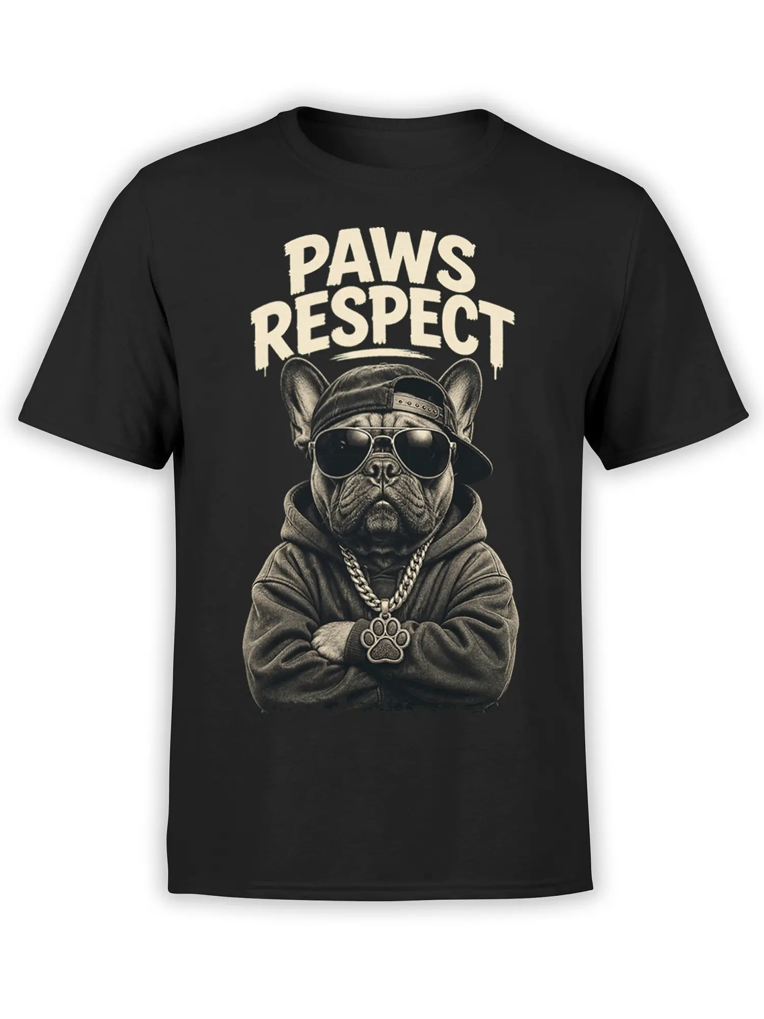 Black French bulldog T-shirt with sunglasses, cap, chain, paw pendant, and PAWS RESPECT lettering