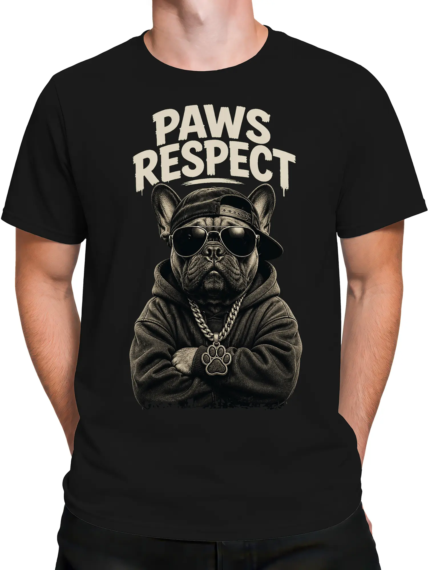 Male torso wearing a black French bulldog T-shirt with sunglasses and PAWS RESPECT artwork