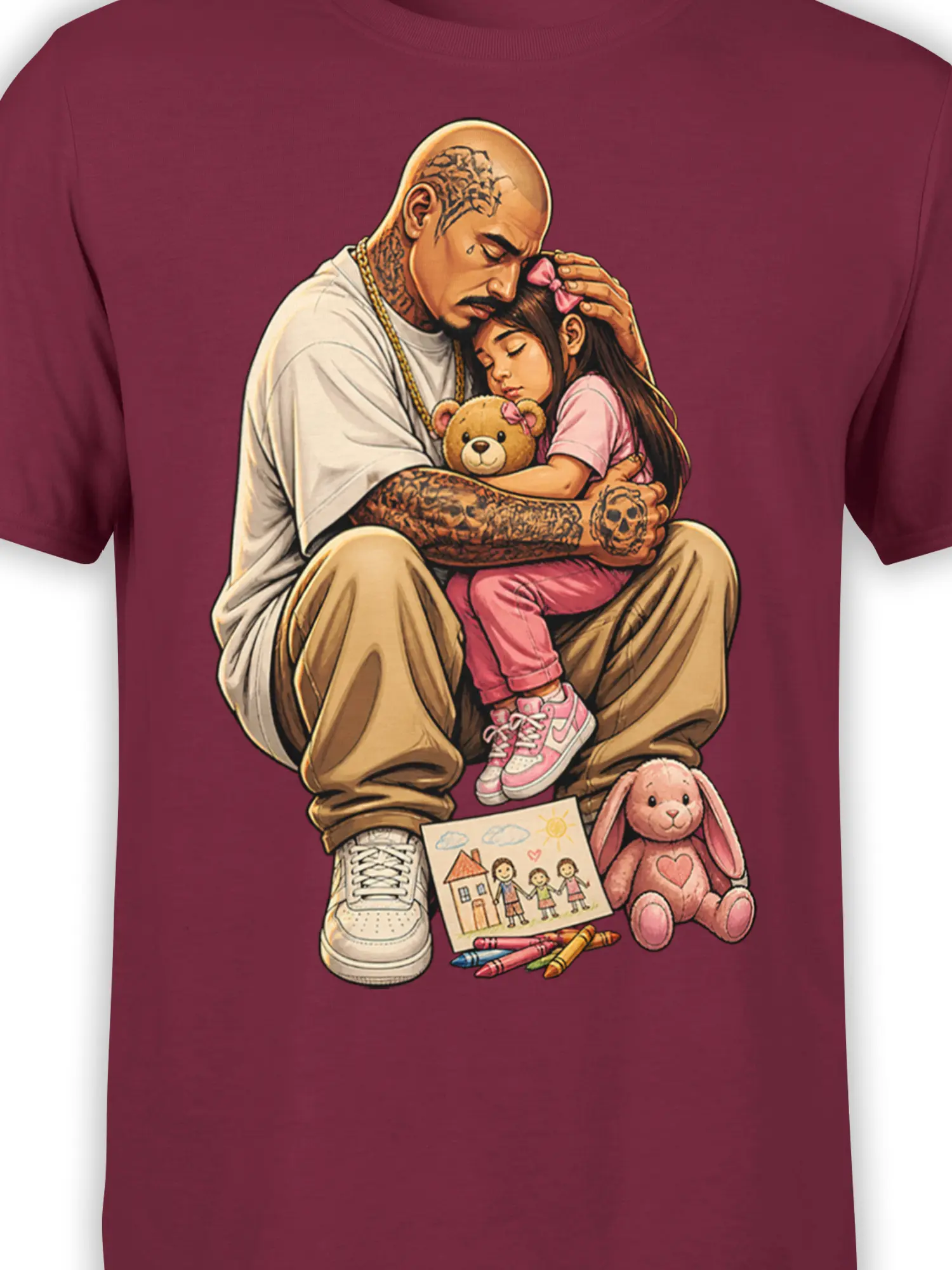 Close-up of the father daughter artwork on a burgundy shirt with tattoos, teddy bear, pink bow, and soft family details