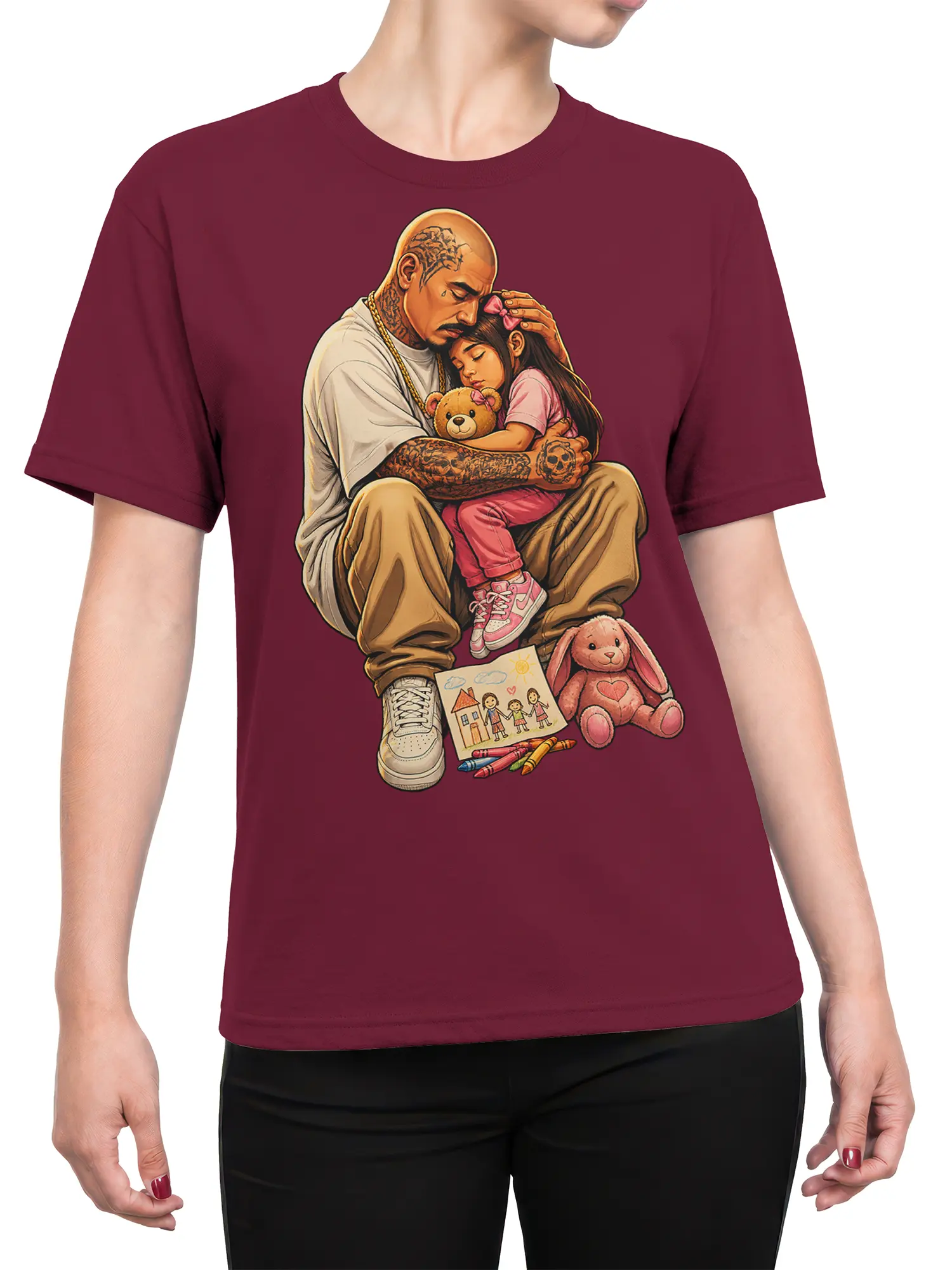 Female torso wearing a burgundy father daughter T-shirt with a tattooed dad, sleeping girl, teddy bear, bunny, and drawing