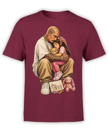 Father daughter graphic on a burgundy T-shirt showing a tattooed dad hugging his sleeping girl with toys and a drawing