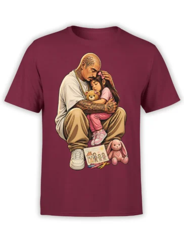Father daughter graphic on a burgundy T-shirt showing a tattooed dad hugging his sleeping girl with toys and a drawing