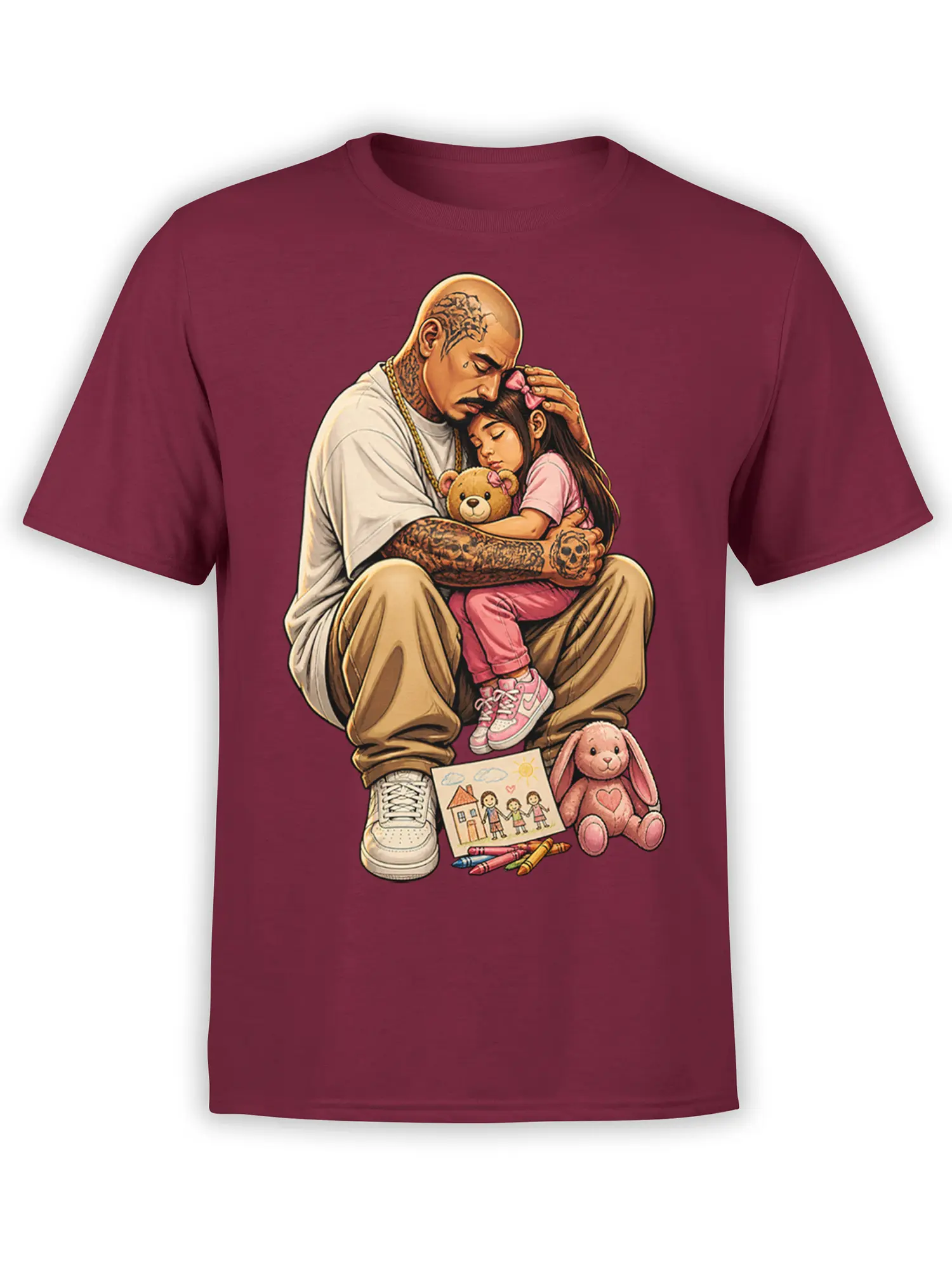 Father daughter graphic on a burgundy T-shirt showing a tattooed dad hugging his sleeping girl with toys and a drawing