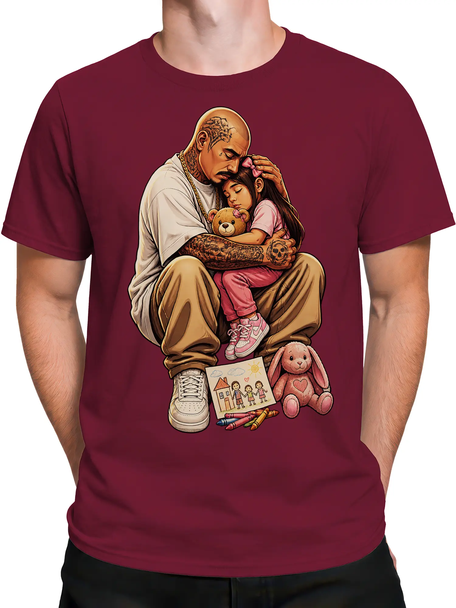 Male torso wearing a burgundy father daughter T-shirt featuring a protective tattooed dad and sleeping child
