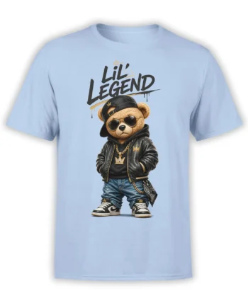 Light blue bear T-shirt showing a crowned teddy bear in sunglasses with “Lil Legend” lettering