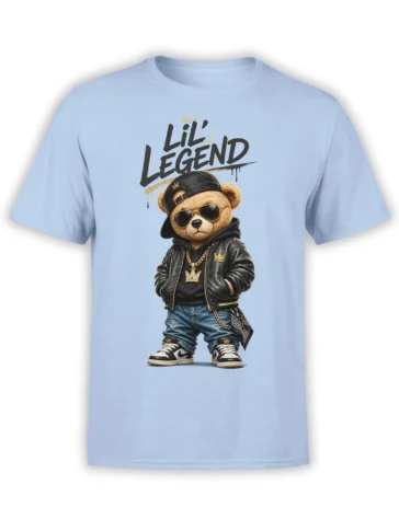 Light blue bear T-shirt showing a crowned teddy bear in sunglasses with “Lil Legend” lettering