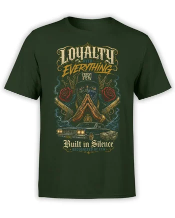 Green T-shirt with masked figure, red roses, classic car, cash, and “Loyalty Over Everything” vintage lettering