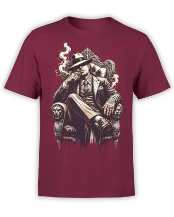 Maroon T-shirt with a vintage gangster boss smoking a cigar in an ornate throne with lion heads