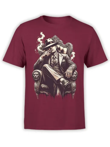 Maroon T-shirt with a vintage gangster boss smoking a cigar in an ornate throne with lion heads