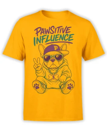 Yellow bulldog T-shirt with sunglasses, hoodie, peace sign, and Pawsitive Influence lettering