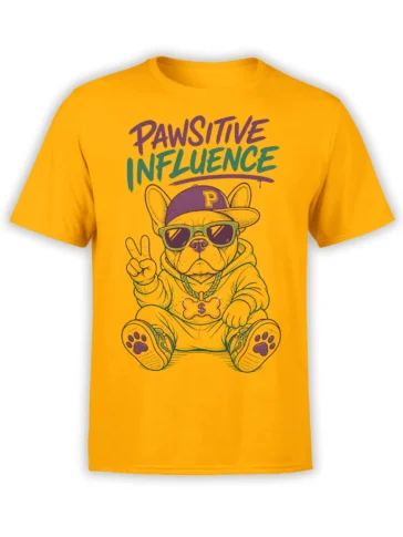 Yellow bulldog T-shirt with sunglasses, hoodie, peace sign, and Pawsitive Influence lettering