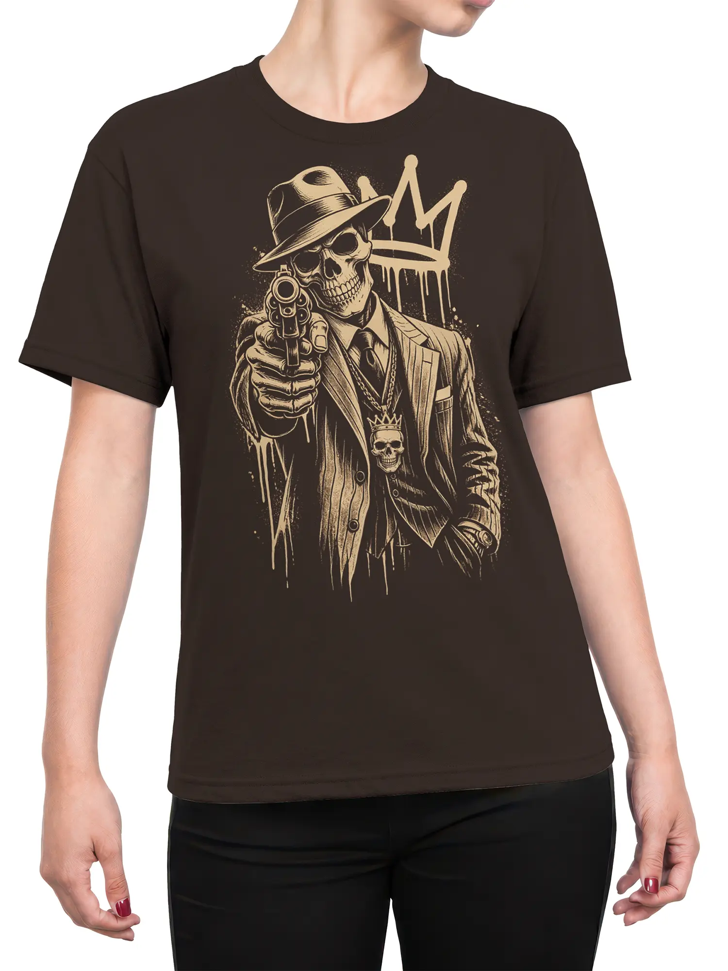 Female torso wearing a dark brown T-shirt with a crowned skeleton and revolver design