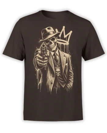 Dark brown T-shirt with a vintage suited skeleton in a fedora holding a revolver beneath a crown