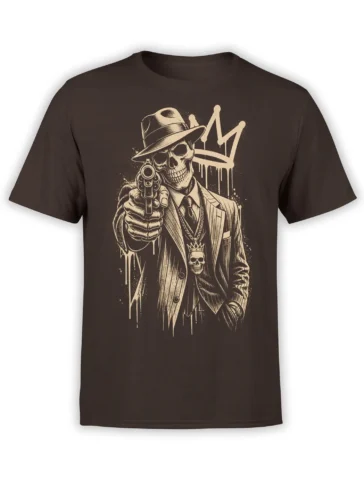 Dark brown T-shirt with a vintage suited skeleton in a fedora holding a revolver beneath a crown