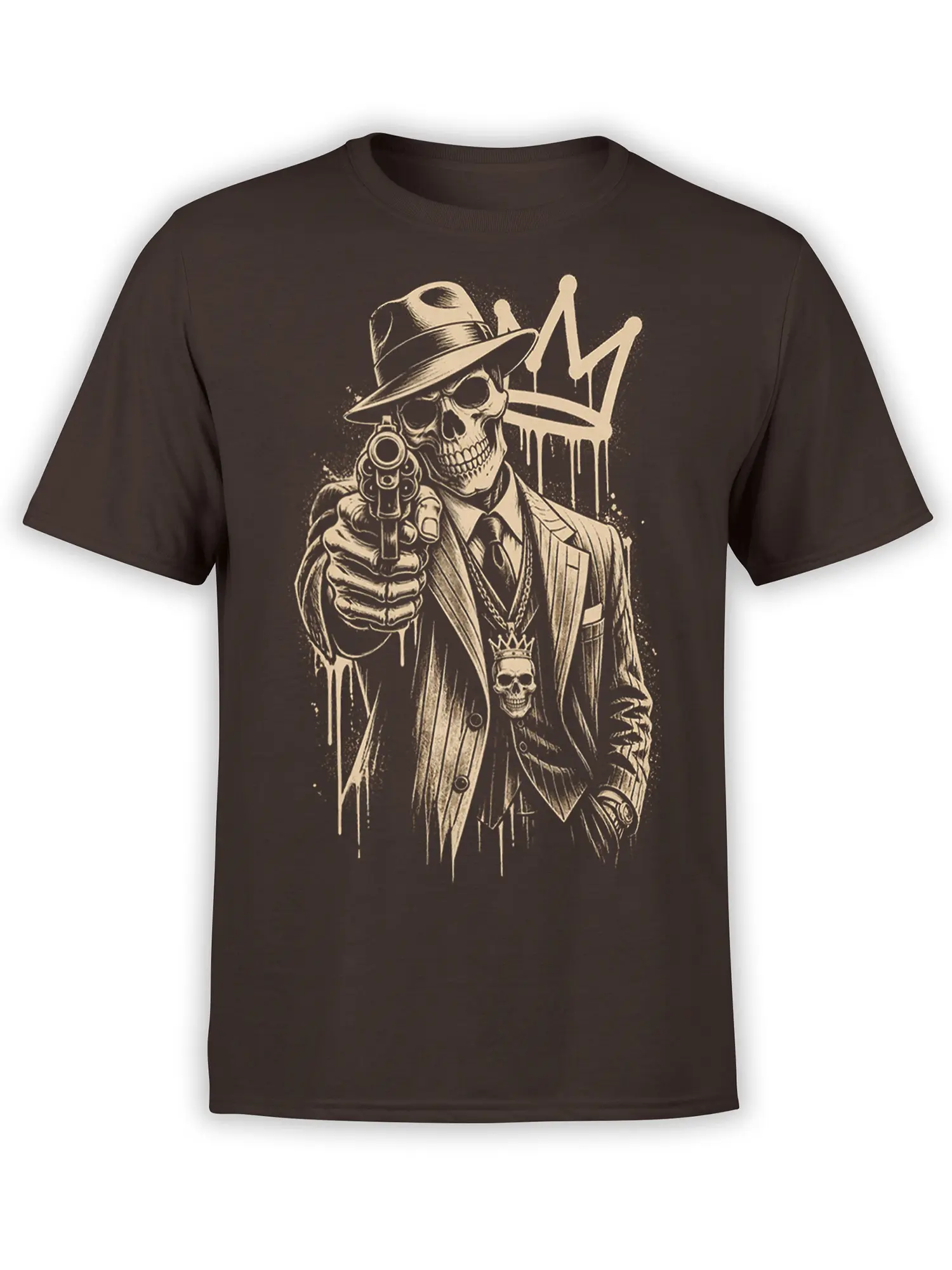 Dark brown T-shirt with a vintage suited skeleton in a fedora holding a revolver beneath a crown