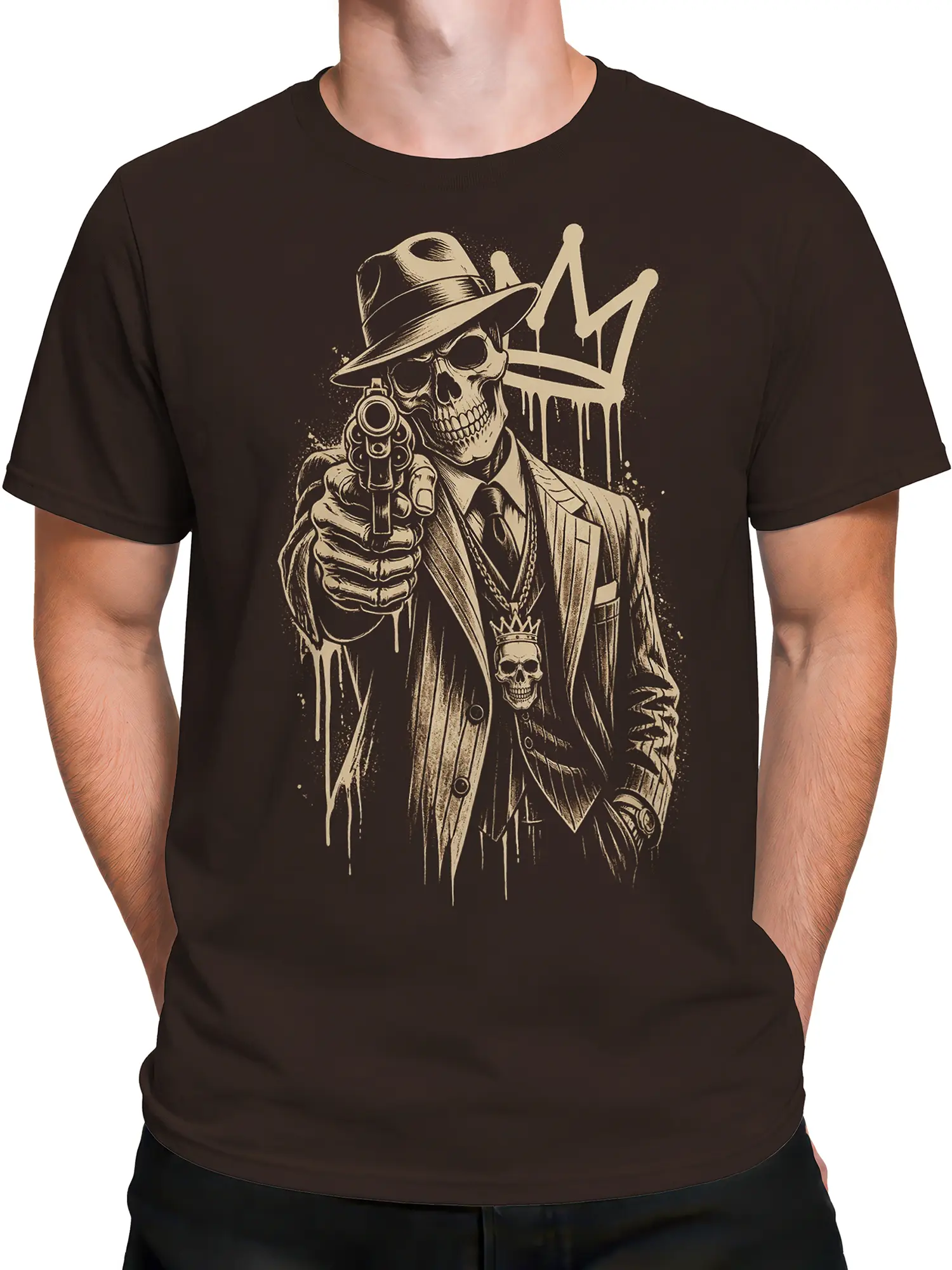 Male torso wearing a dark brown T-shirt with a vintage outlaw skeleton graphic