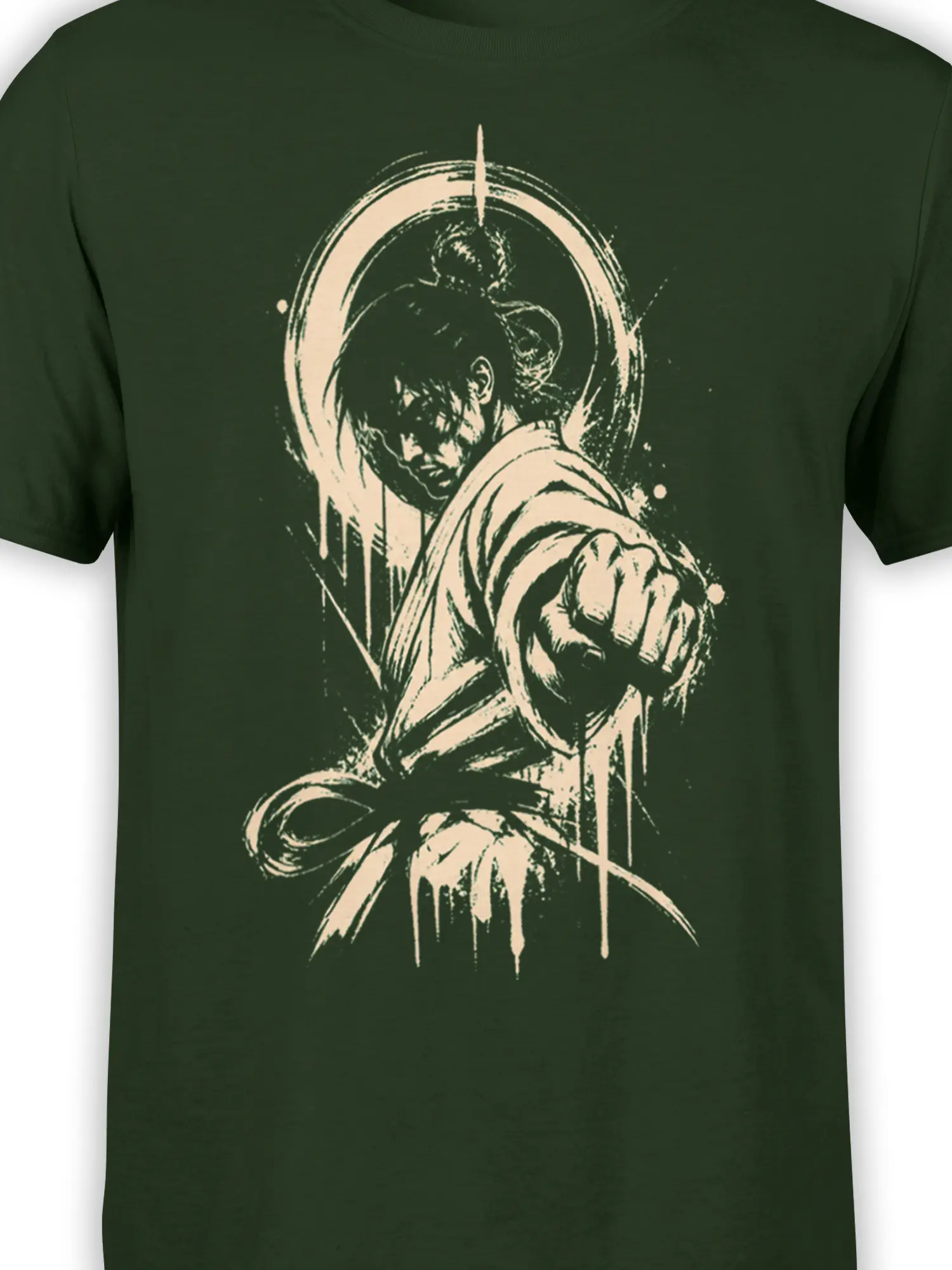 Close-up of pale warrior portrait and oversized clenched fist on a dark green T-shirt
