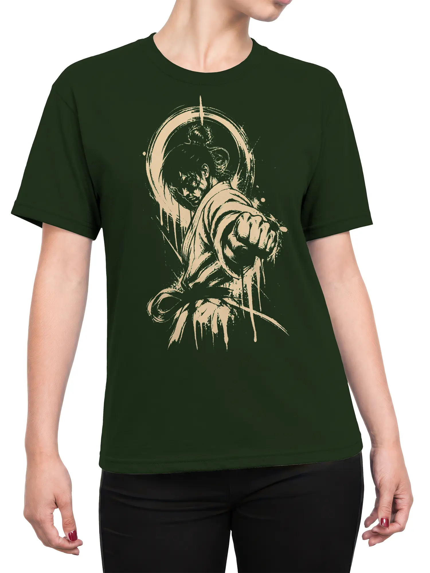 Female torso wearing a dark green warrior T-shirt with dramatic distressed fist artwork