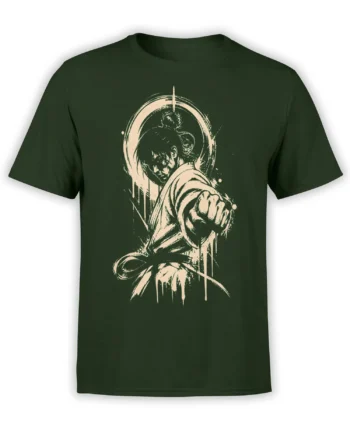 Dark green warrior T-shirt with distressed pale portrait artwork and an oversized clenched fist