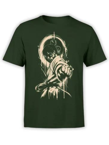 Dark green warrior T-shirt with distressed pale portrait artwork and an oversized clenched fist