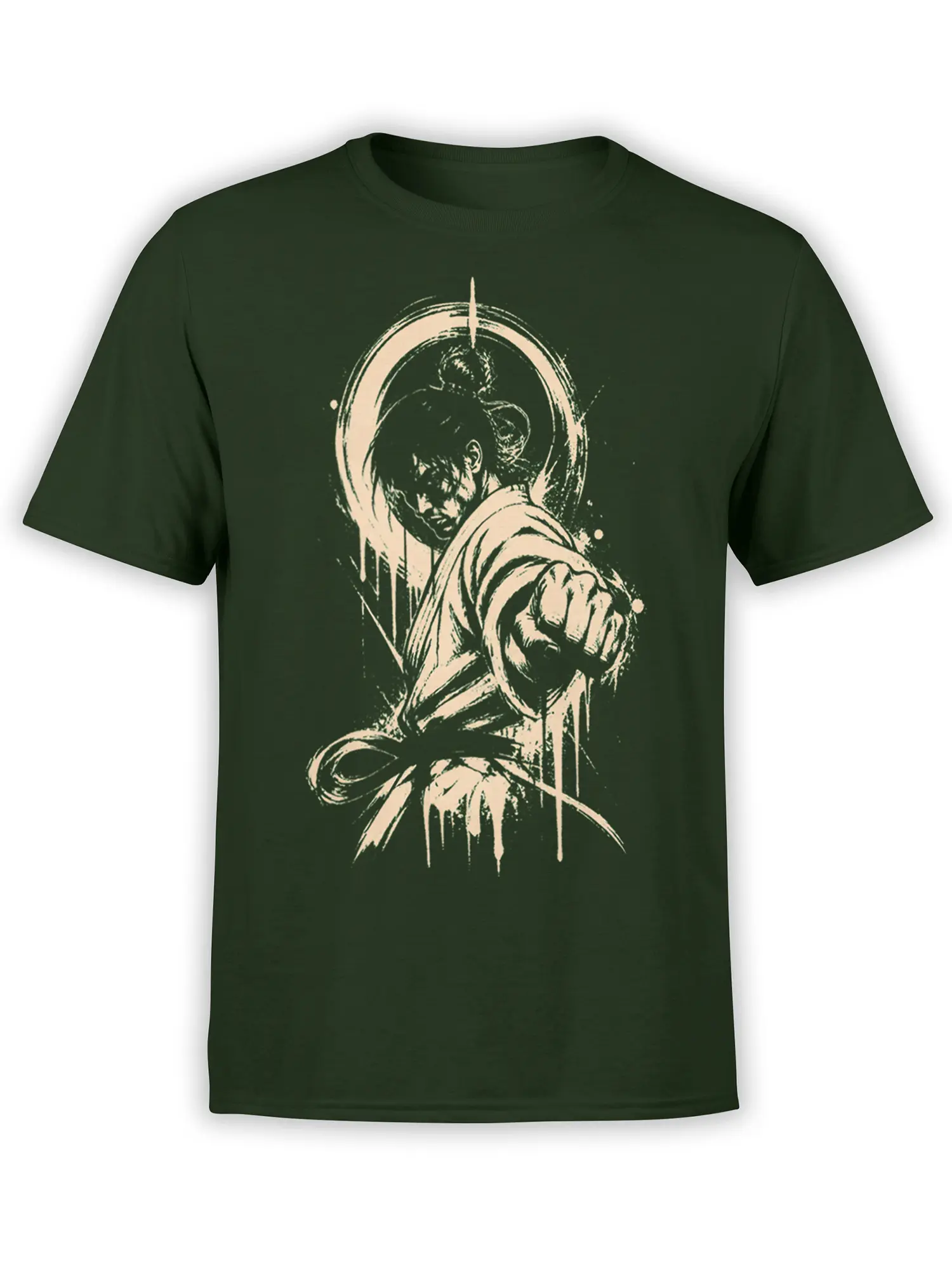 Dark green warrior T-shirt with distressed pale portrait artwork and an oversized clenched fist