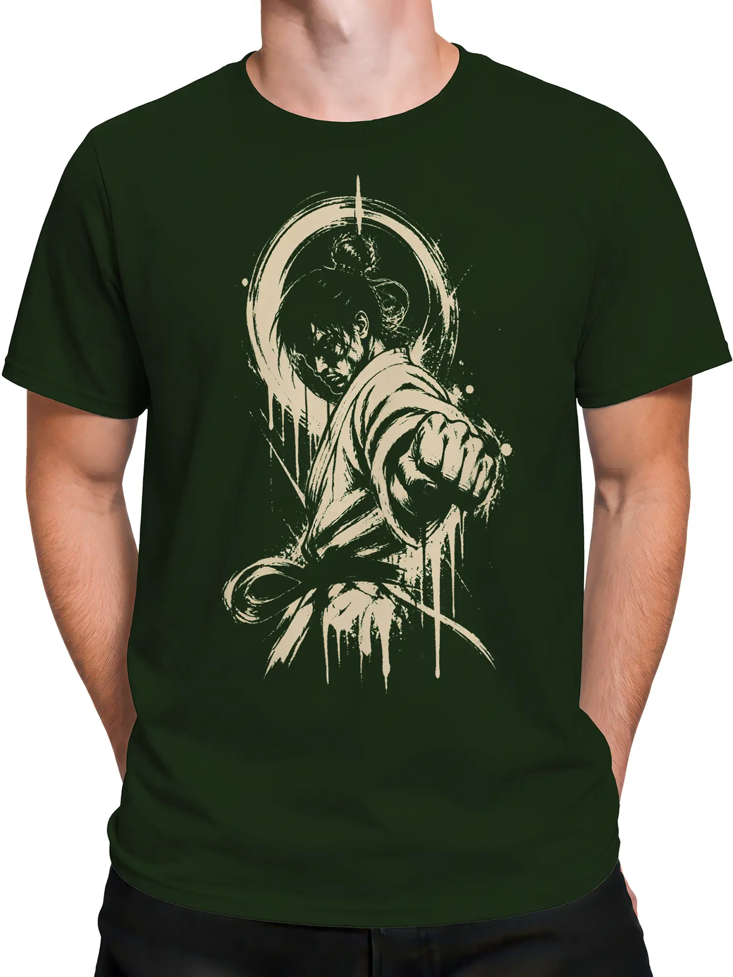 Male torso wearing a dark green warrior T-shirt with pale graphic-novel style artwork