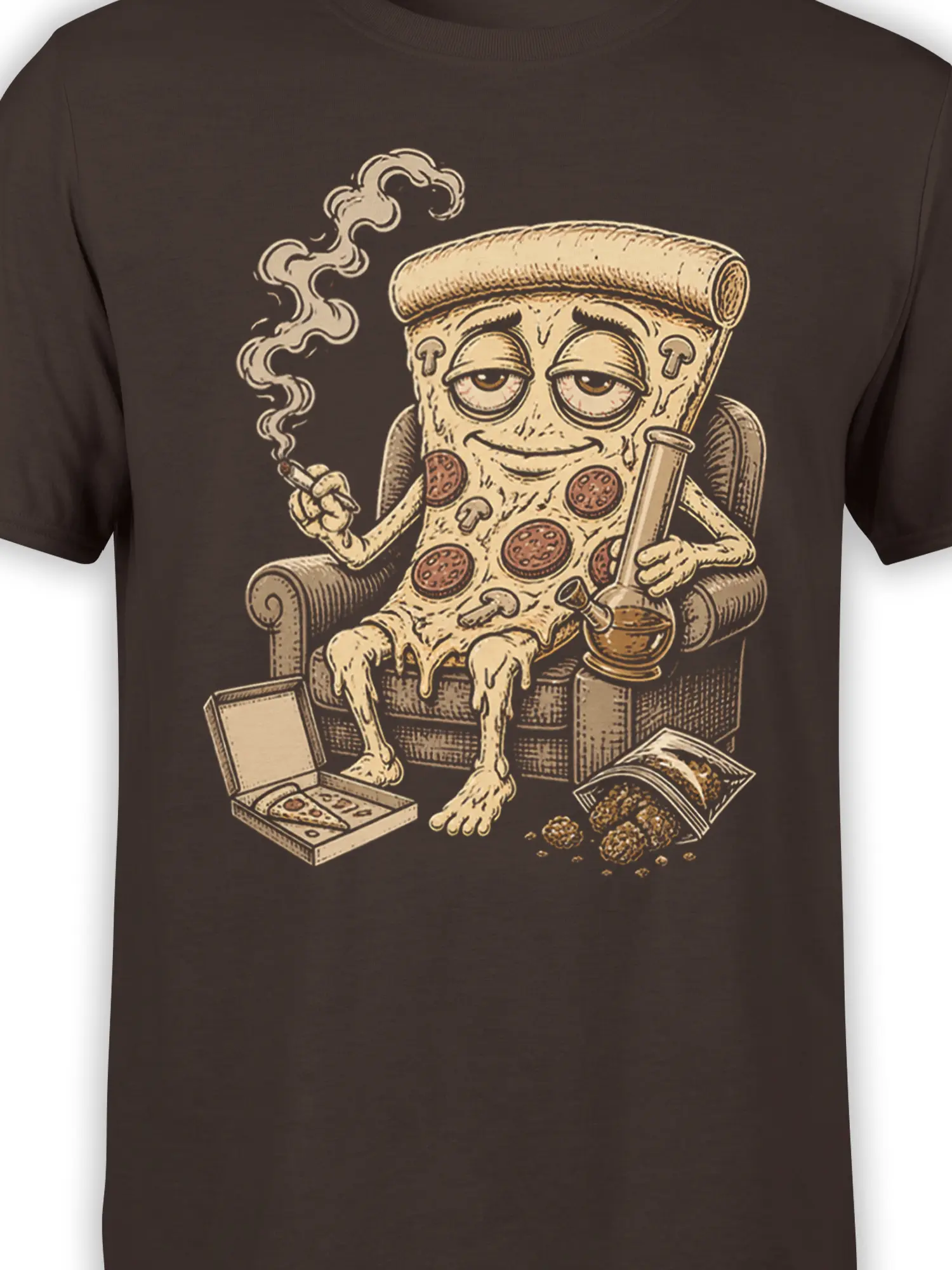 Close-up of the vintage pizza slice graphic on a brown shirt, showing pepperoni, mushrooms, smoking pipe, and armchair
